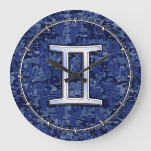 Gemini Zodiac Symbol Blue Digital Camouflage Large Clock