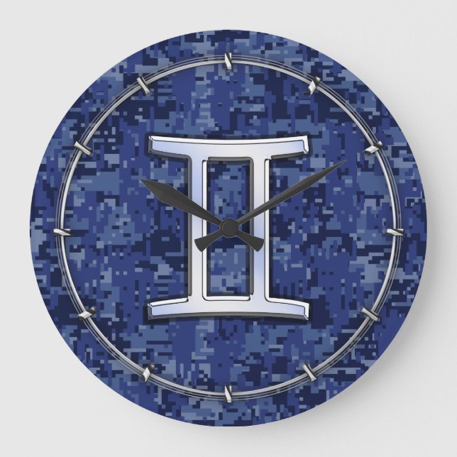 Gemini Zodiac Symbol Blue Digital Camouflage Large Clock (Front)