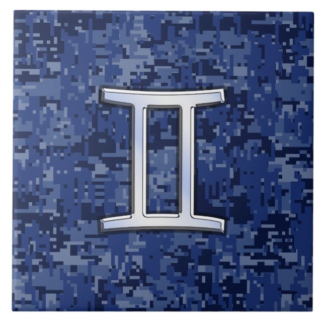 Gemini Zodiac Symbol Blue Digital Camouflage Tile (Front)