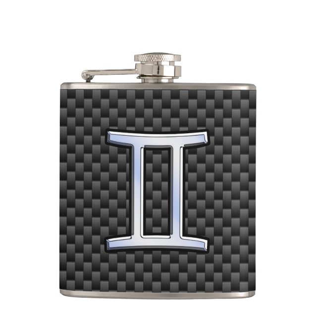 Gemini Zodiac Symbol Charcoal Carbon Fibre Print Hip Flask (Front)