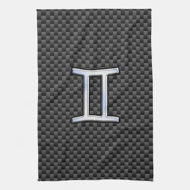 Gemini Zodiac Symbol Charcoal Carbon Fibre Style Kitchen Towel (Vertical)