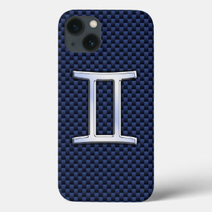 Gemini Zodiac Symbol Navy Blue Carbon Fibre Style iPhone 13 Case