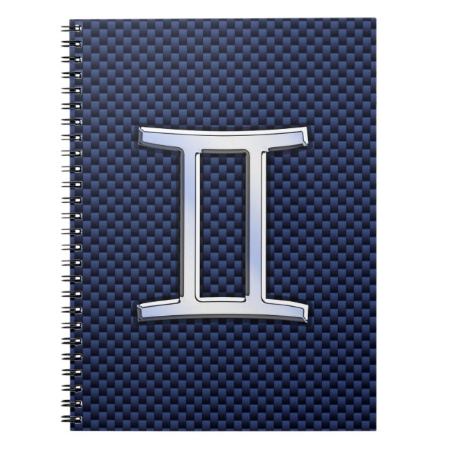 Gemini Zodiac Symbol Navy Blue Carbon Fibre Style Notebook (Front)