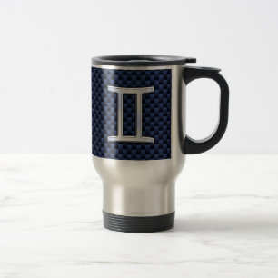 Gemini Zodiac Symbol Navy Blue Carbon Fibre Style Travel Mug