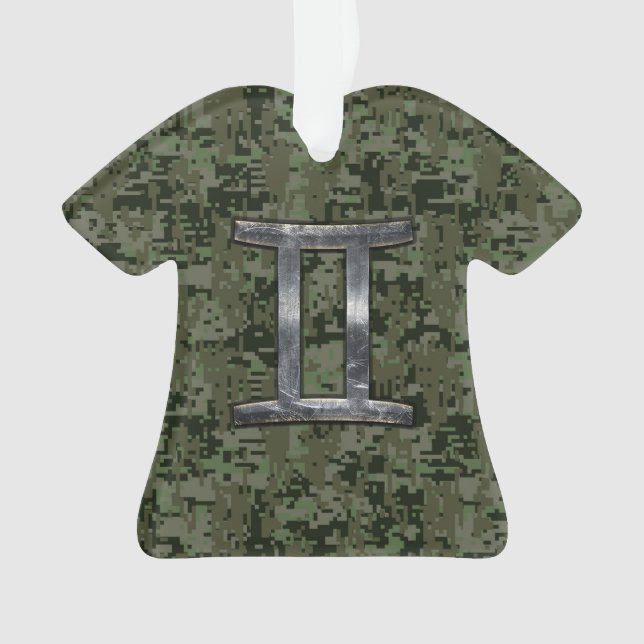 Gemini Zodiac Symbol on Green Digital Camo Ornament (Front)
