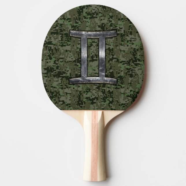 Gemini Zodiac Symbol on Green Digital Camo Ping Pong Paddle (Front)