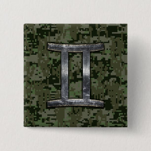 Gemini Zodiac Symbol on Green Digital Camouflage 2 Inch Square Button
