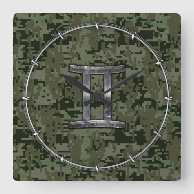 Gemini Zodiac Symbol on Green Digital Camouflage Square Wall Clock (Front)