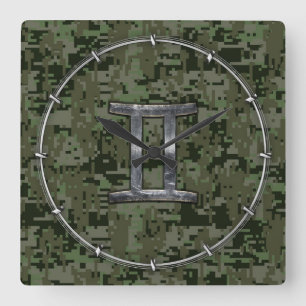 Gemini Zodiac Symbol on Green Digital Camouflage Square Wall Clock