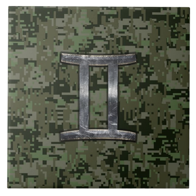 Gemini Zodiac Symbol on Green Digital Camouflage Tile (Front)