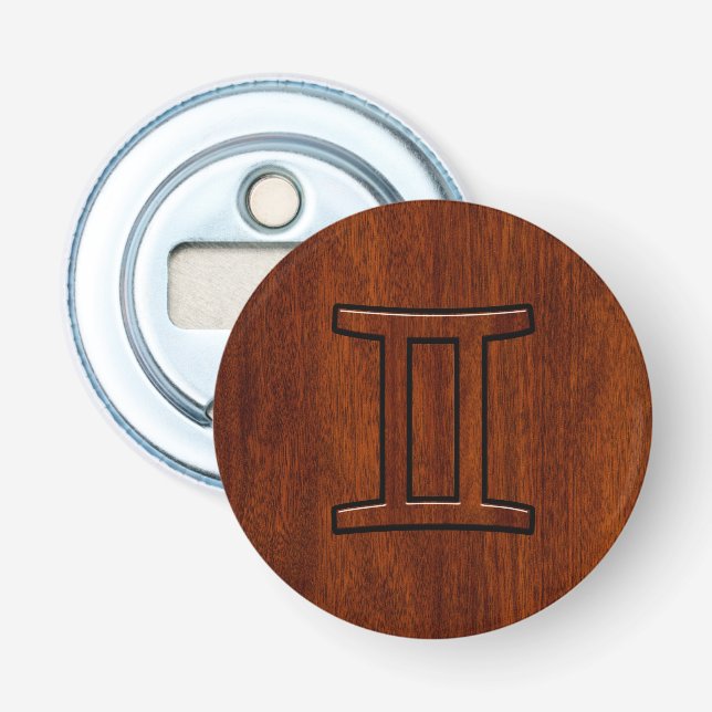 Gemini Zodiac Symbol on Mahogany like print Bottle Opener (Front)