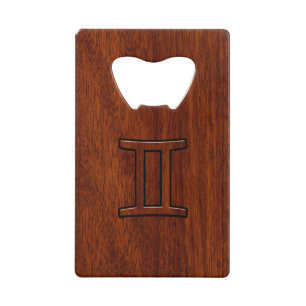 Gemini Zodiac Symbol on Mahogany like print Wallet Bottle Opener