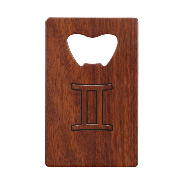 Gemini Zodiac Symbol on Mahogany like print Wallet Bottle Opener (Front)
