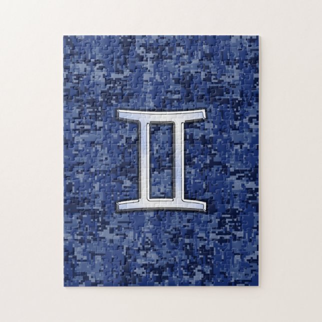 Gemini Zodiac Symbol on Navy Blue Digital Camo Jigsaw Puzzle (Vertical)