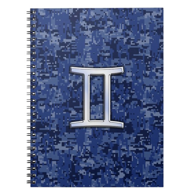 Gemini Zodiac Symbol on Navy Blue Digital Camo Notebook (Front)