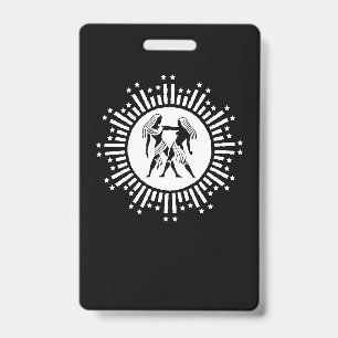 Gemini Zodiac Symbol with Stars Black and White Badge
