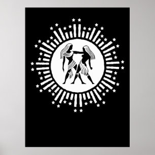 Gemini Zodiac Symbol with Stars Black and White  Poster