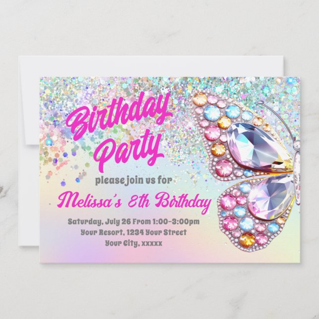 Gems butterfly Birthday Invitation (Front)