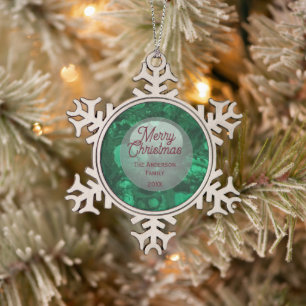 Gemstone Green Abstract Family Merry Christmas Snowflake Pewter Christmas Ornament
