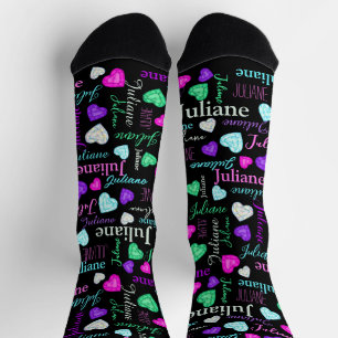 Gemstones hearts custom name colourful black socks