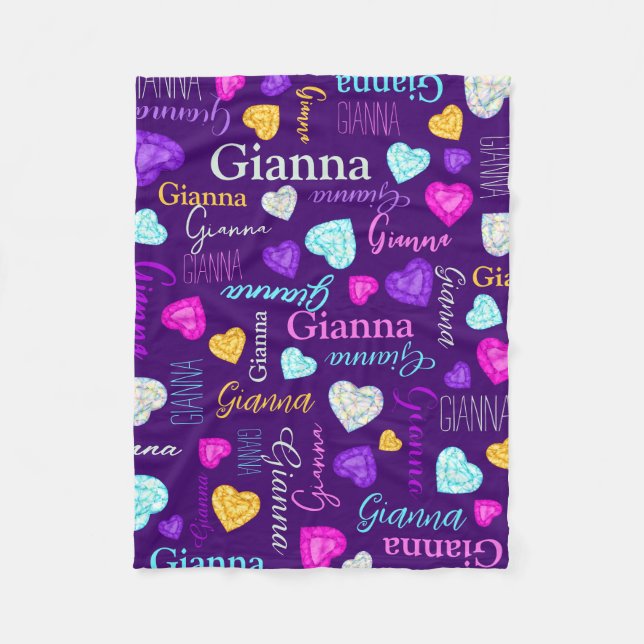 Gemstones hearts custom name colourful Gianna Fleece Blanket (Front)