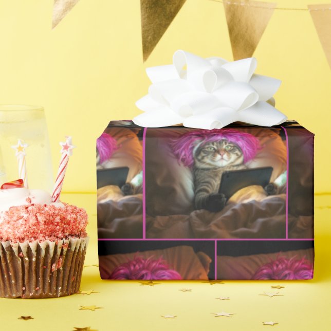 Gen Z Cat Staring an Electronic Tablet In Bed Wrapping Paper (Birthday Party)