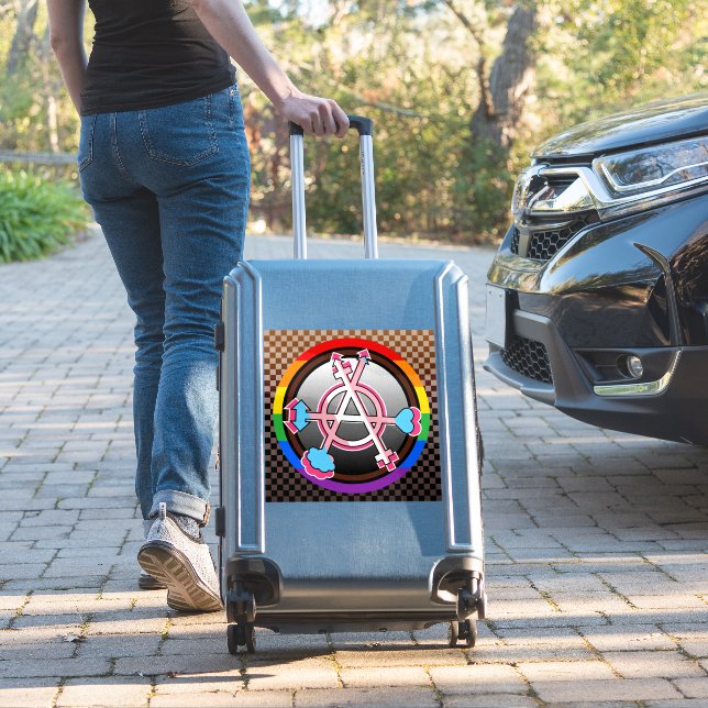 Gender Anarchy Symbol, Emblem on Dark Chequerboard (Suitcase Insitu)