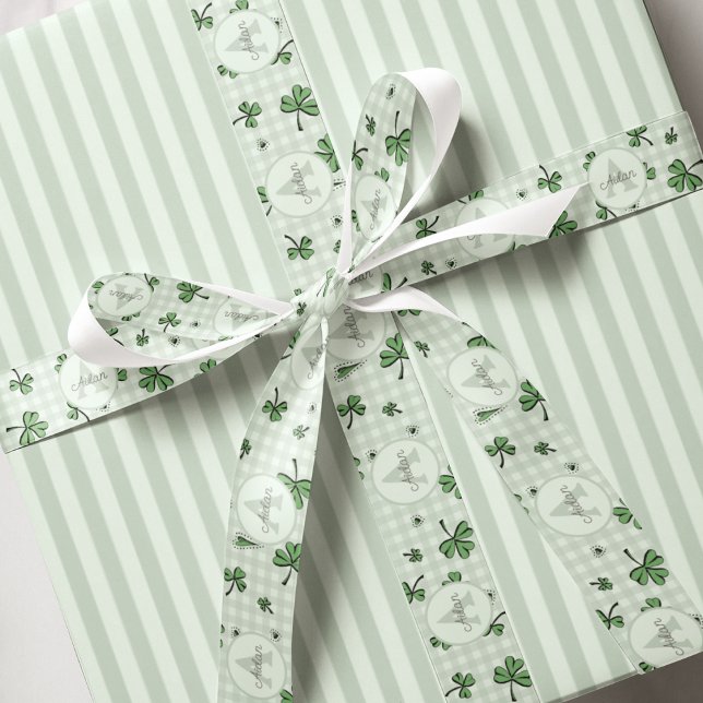 Gender Netural Monogrammed Green Shamrocks Grosgrain Ribbon (Cute Green Monogrammed St. Patrick's Day Pattern. Green Shamrocks & Adorable Hearts on Gingham Back)