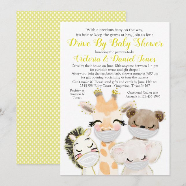 Gender Neutral Animals Masks Drive By Baby Shower Invitation (Front/Back)
