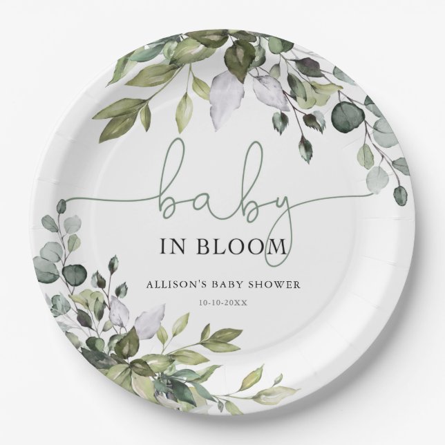 Gender neutral Baby in Bloom greenery baby shower Paper Plate (Front)