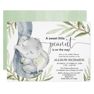 Gender neutral baby shower, elephant greenery gold invitation