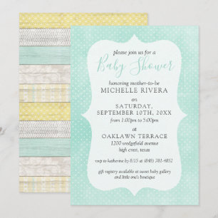 Gender Neutral Baby Shower Mint Yellow Rustic Wood Invitation