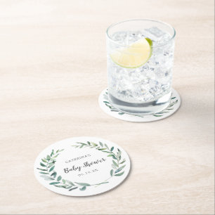 Gender Neutral Baby Shower Rustic Greenery Wreath Round Paper Coaster