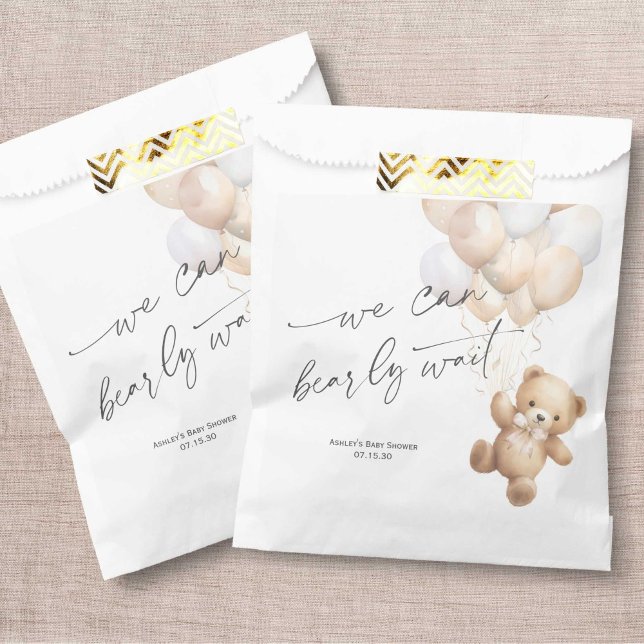 Gender Neutral Bearly Wait Modern Shower Favour Bag (Beige, We Can Bearly wait, Gender Neutral baby SHower favor bag,)