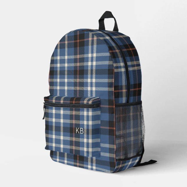 Gender Neutral Blue Plaid Check Monogram Initials Printed Backpack (Back Corner Right)