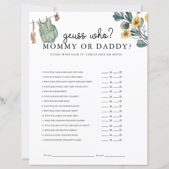 Gender Neutral Boho Baby Shower Game (Front)