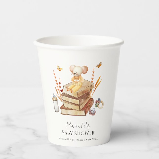 Gender Neutral Boho Book Mouse Baby Shower  Paper Cups (Front)