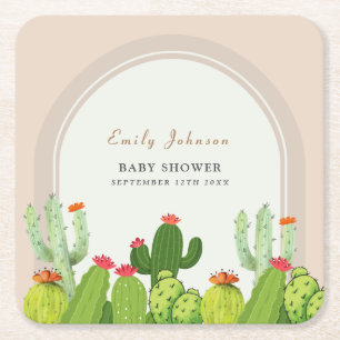 Gender Neutral Boho Cactus Arch Baby Shower  Square Paper Coaster