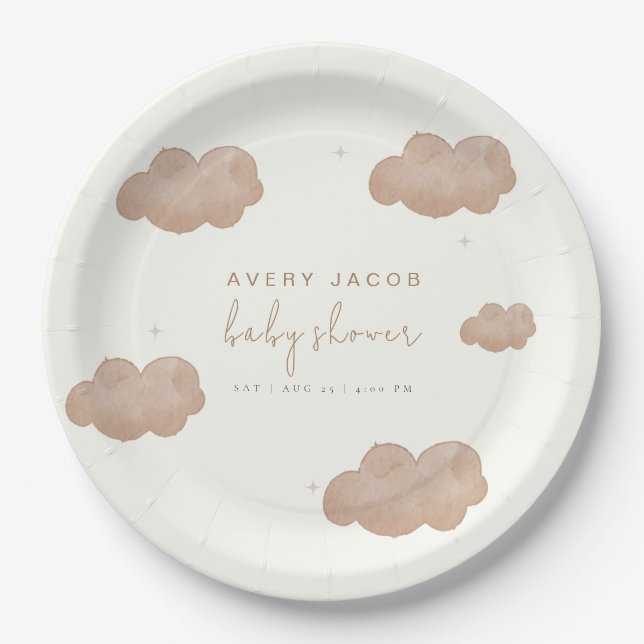Gender Neutral Boho Clouds Stars Baby Shower Paper Plate (Front)