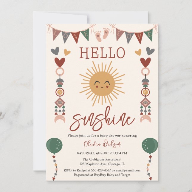 Gender-Neutral Boho Hello Sunshine Baby Shower Invitation (Front)