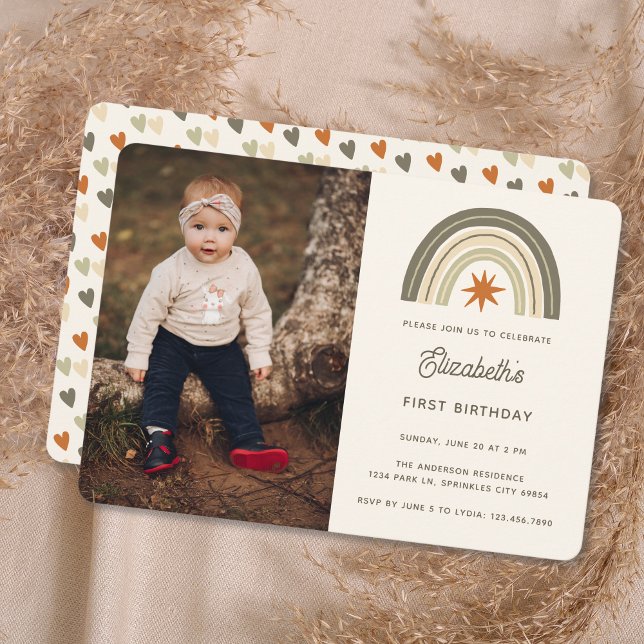 Gender Neutral Boho Rainbow Photo First Birthday Invitation (Creator Uploaded)