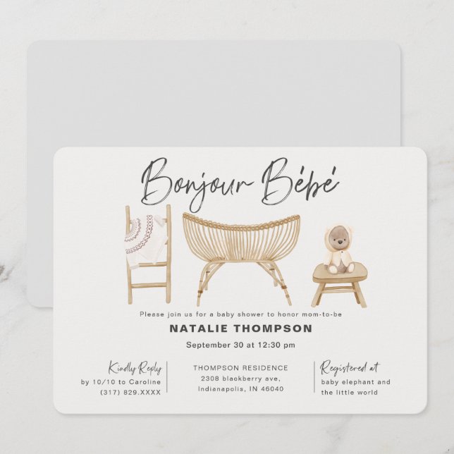 Gender Neutral Bonjour Bebe Baby Shower Invitation (Front/Back)