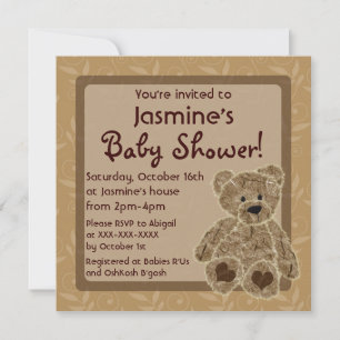 Gender neutral brown teddy bear shower invites