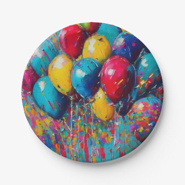 Gender Neutral Colourful Fun Birthday Balloons Cak Paper Plate (Front)