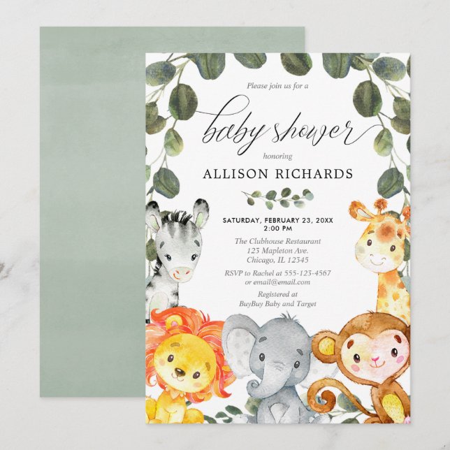 Gender neutral cute animals greenery baby shower invitation (Front/Back)