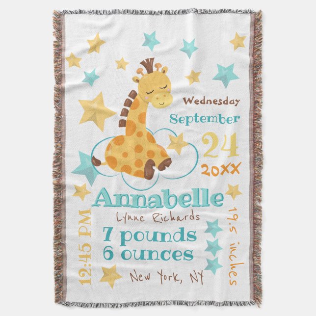Gender Neutral Cute Giraffe Stars Baby Birth Stats Throw Blanket (Front Vertical)