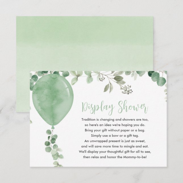 Gender neutral Display Shower balloon eucalyptus Enclosure Card (Front/Back)