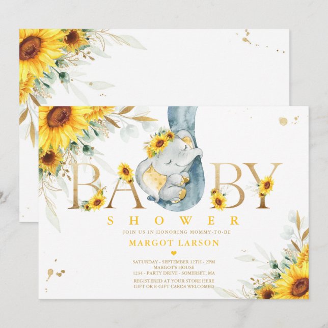 Gender Neutral Elephant Sunflower Baby Shower Invitation (Front/Back)