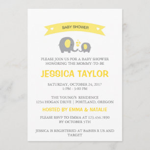 Gender Neutral Elephant Yellow Baby Shower Invite