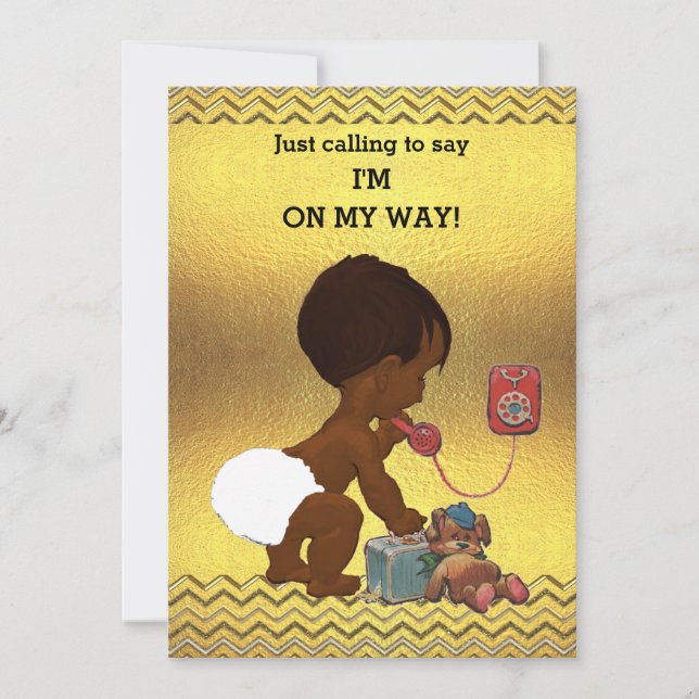 Gender Neutral Ethnic Baby on Phone Gold Chevrons Invitation (Front)